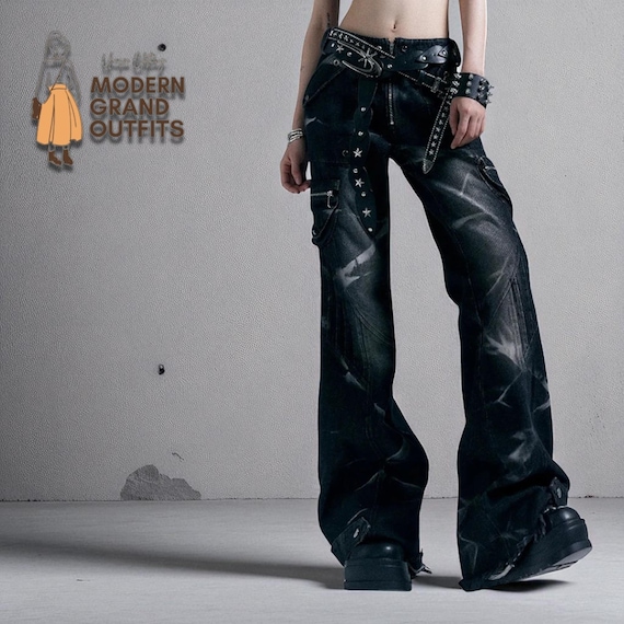 Gothic Flared Jeans | Y2K Grunge Wide Leg Denim Pants