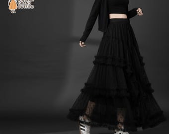 Gothic Maxi Skirt | Lace Tiered Ruffle Long | Casual Streetwear | Romantic Layered Fashion