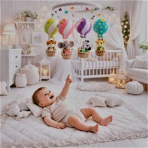 Op de afbeelding: Een kinderkamer met een kleurrijk mobiel van gehaakte luchtballonnen en dierenfiguren. De ballonnen zijn in groen, roze, paars en blauw. Een baby ligt op een witte gewatteerde mat en wijst met een glimlach omhoog.