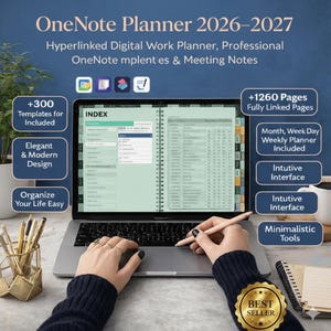 Può includere: Un laptop che mostra un planner digitale intitolato "OneNote Planner 2026-2027". Lo schermo mostra un indice e pagine del calendario. Il testo sullo schermo include "+1260 pagine" e "Pagine completamente collegate". L'immagine include anche il testo "Best Seller".