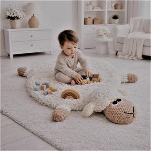 May include: A plush, white sheep-shaped rug with a crocheted head and legs. A child sits on the rug playing with wooden toys, including a train and a rainbow. The rug is on a larger white rug in a bright room.