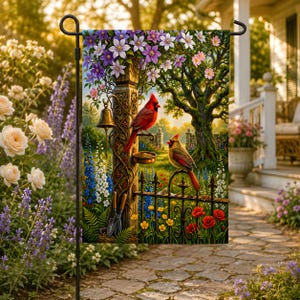 May include: A garden flag with a colourful illustration of two red cardinals on a decorative fence. The scene includes flowers, a bell, and a tree, creating a welcoming outdoor theme. The flag is designed for outdoor use.