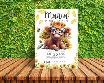 Highland Cow Sunflower Birthday Invitation - Rustic Farm Theme - Editable Canva Template & Digital Download