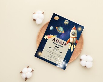 Invito di compleanno spaziale: modello Canva per razzo spaziale (download digitale stampabile da 5x7")