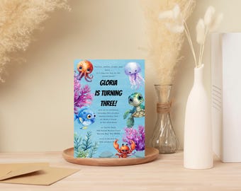 Divertimento sul fondale marino / Tartaruga, granchio, medusa / Modello Canva modificabile / Festa in mare / Download digitale / Invito di compleanno sul fondale marino