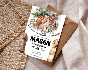 Invito di compleanno a tema fattoria: festa con animali da cortile, modello Canva modificabile (download digitale)