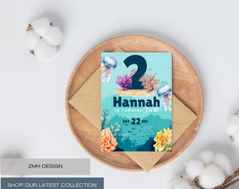 Invito per il 2° compleanno a tema oceano / Design corallo e meduse / Invito per bambini modificabile Canva / Download digitale festa in mare / Invito di compleanno