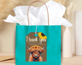 Etichette per bomboniere per baby shower a forma di mucca delle Highlands: design modificabile di animali da fattoria (download digitale)