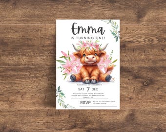 May include: A birthday party invitation featuring a cute cartoon Highland cow with a pink flower crown. The invitation is for Emma's first birthday party and includes the date, time, and location of the event. RSVP by December 1st.