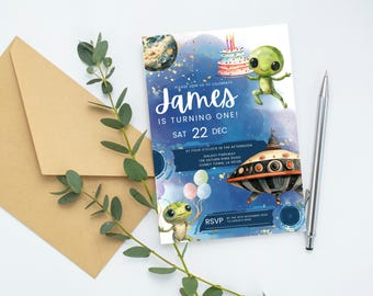 Invito di compleanno a tema spaziale - Modello modificabile neutro con alieni e shuttle - Invito stampabile per feste di bambini con Canva - Download immediato
