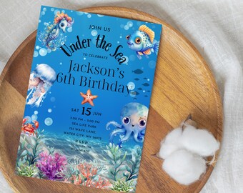 Invito di compleanno sotto il mare: modello modificabile per la festa dell'oceano (file digitale)