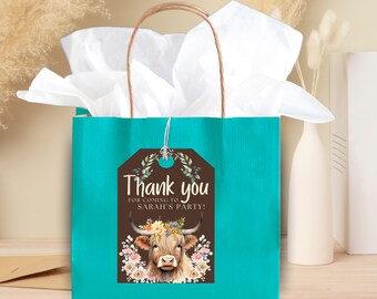 Tag di ringraziamento per mucca delle Highlands: bomboniere per feste di compleanno in fattoria (Canva modificabile, download digitale)