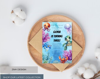 Divertimento sul fondale marino / Invito di compleanno sottomarino / Tartaruga, granchio e polpo / Modello Canva modificabile / Biglietto digitale per la festa dell'oceano