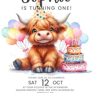 Highland Cow Birthday Invitation Girl - Editable Digital Template for Farm Theme Party