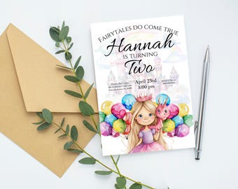Invito di compleanno per principessa con palloncini / Invito digitale modificabile per ragazze / Modello per feste con download immediato / Invito di compleanno per ragazze