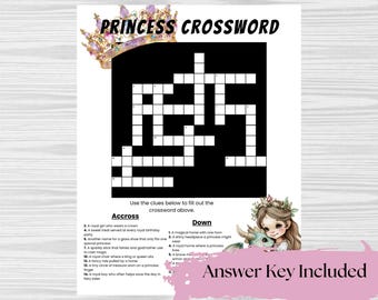 Cruciverba Principessa e Drago – Attività stampabile con favola per ragazze – Gioco per feste di compleanno – Download immediato di un foglio di lavoro magico