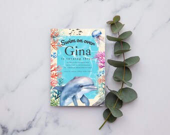 Invito di compleanno a tema delfino: festa a tema oceano, modello Canva modificabile (file digitale stampabile)