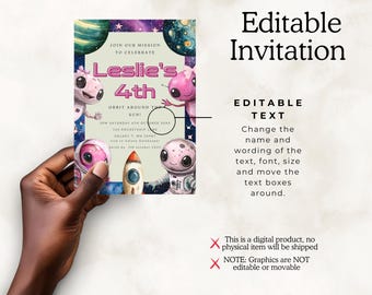 Invito di compleanno per ragazze nello spazio - Modello Canva per alieni e razzi - Invito stampabile per feste nello spazio rosa modificabile - Invito con download immediato