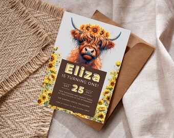 Highland Cow Birthday Invitation: Sunflower Girl Party (Editable Canva Template)