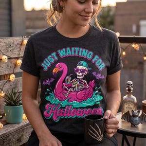 Just Waiting For Halloween PNG | Skeleton Flamingo Float Sublimation | Funny Spooky Skeleton Shirt | Digital Download | Digital Prints