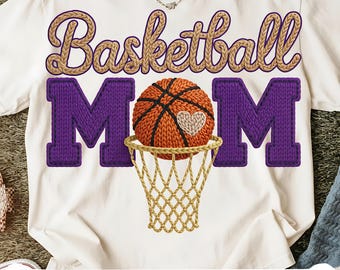 Basketball Mom Knitted Style PNG, Sports Mom purple and gold team Design, Basketball Ball in Hoop Clipart, Game Day Shirt Print.