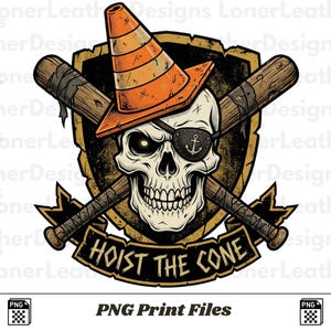 May include: A skull wearing an orange traffic cone and an eye patch with an anchor, crossed baseball bats, and the text "HOIST THE CONE" on a banner. The design is set against a shield.