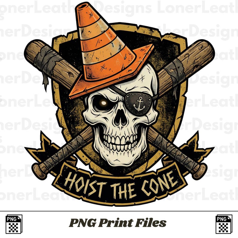 May include: A skull wearing an orange traffic cone and an eye patch with an anchor, crossed baseball bats, and the text "HOIST THE CONE" on a banner. The design is set against a shield.