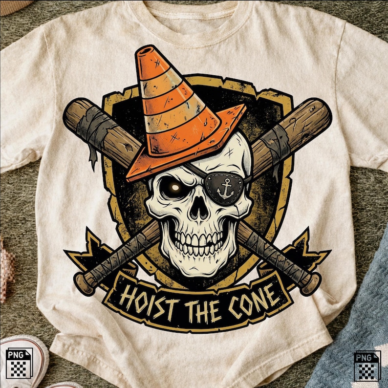 May include: Cream-colored t-shirt featuring a skull wearing an orange traffic cone hat and an eye patch with an anchor. Crossed baseball bats are behind the skull, and the text "HOIST THE CONE" is below.