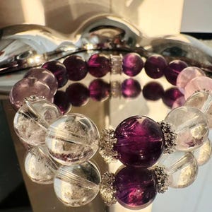 Amethyst and Clear Quartz Crystal Bracelet 12mm – Natural Gemstone Jewelry for Healing, Calm, and Energy Balance
