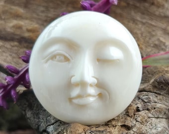 Winking Moon Face Cabochon, Hand-Carved Bone Celestial Focal