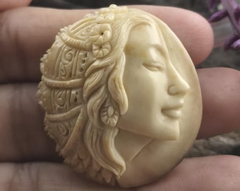 Hand-Carved Tagua Nut Victorian Lady Focal, Floral Woman Portrait Pendant Component