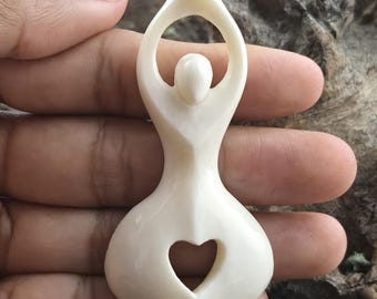 White Bone Feminine Spirit Carving, Fertility Icon, Charm with Heart Cut Out