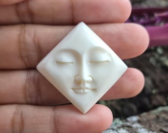 Diamond Face Cabochon, Hand-Carved Bone Portrait Focal for Artisan Jewelry, Eyes Closed