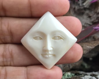 Hand-Carved Bone Diamond Visage, Angular Portrait Component for Makers, Eyes Open