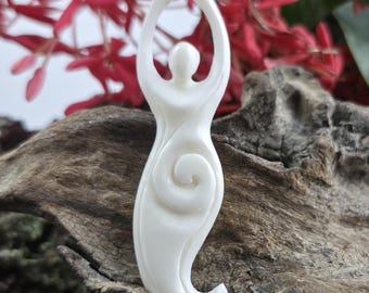 Hand-Carved Bone Woman Form, Fertility Spiral Ornament or Talisman
