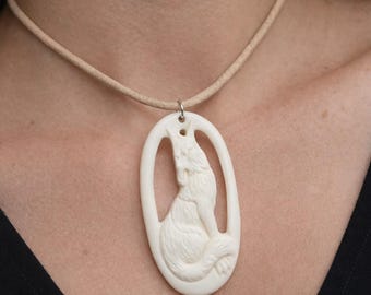 Hand Carved Bone Howling Wolf Necklace on Leather Cord