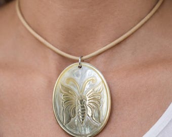 Genuine Leather Necklace with Mother of Pearl Butterfly