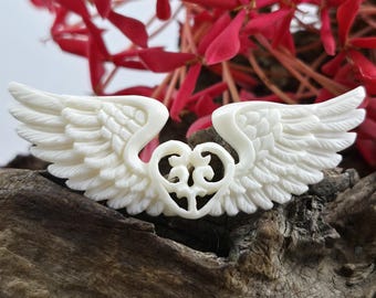 Hand-Carved Bone Angel Wings with Heart Focal Piece for Jewelry or Sacred Art