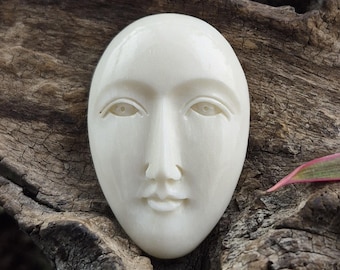 Hand-Carved Bone Calm Face, Smooth Portrait Component for Statement Jewelry