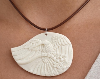 Hand-Carved Bone Hummingbird Charm, Bird and Flower Necklace