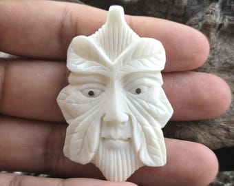 Hand-Carved Bone Forest Guardian, Green Man Spirit Pendant