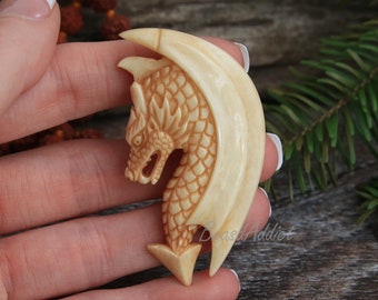 Antique Look Dragon Pendant Carving Cow Bone Organic Carved Jewelry