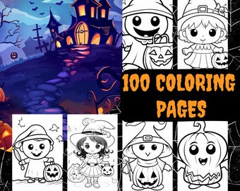 May include: A Halloween coloring book with a spooky haunted house illustration and several black and white drawings of cartoon characters with pumpkins. The text "100 COLORING PAGES" and "HALLOWEEN COLORING BOOK" are displayed.