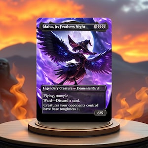 May include: A fantasy trading card featuring a purple and black creature with a large beak and wings. The creature is called "Maha, Its Feathers Night" and has a power of 6 and a toughness of 5. The card text reads "Flying, trample. Ward - Discard a card. Creatures your opponents control have base toughness 1."