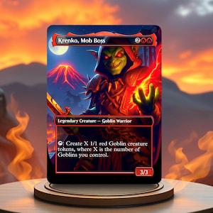 May include: A red, black, and green illustrated card with the text "Krenko, Mob Boss" and "Legendary Creature - Goblin Warrior". The card has a red mana symbol, two black mana symbols, and a red power symbol and a black toughness symbol. The card text reads "Create X 1/1 red Goblin creature tokens, where X is the number of Goblins you control."
