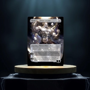 May include: A Magic: The Gathering card featuring Karn, Great Creator, a legendary planeswalker. The card is a gold and white color scheme with a powerful, muscular figure in the center. The card text reads "Activated abilities of artifacts your opponents control can't be activated. Until your next turn, up to one target artifact creature becomes an artifact creature with power and toughness each equal to its mana value. You may reveal an artifact card you own from outside the game or choose a face-up artifact card you own in exile. Put that card into your hand."