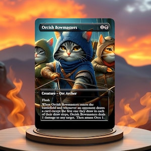 May include: A Magic: The Gathering card featuring a fantasy creature with three cats wearing hooded cloaks and holding bows. The card is titled "Orcish Bowmasters" and has a mana cost of 1 black. The card text reads: "Flash. When Orcish Bowmasters enters the battlefield and whenever an opponent draws a card except the first one they draw in each of their draw steps, Orcish Bowmasters deals 1 damage to any target. Then amass Orcs 1."