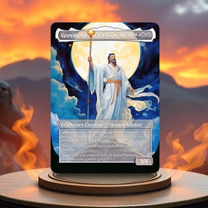 Puede incluir: Una ilustración de estilo fantástico de una figura humana vestida de blanco sosteniendo un bastón, de pie frente a una gran luna llena. La figura está rodeada de nubes y estrellas. El texto "Greymond, Avacyn's Stalwart 200" está en la parte superior de la carta, y el texto "Legendary Creature - Human Soldier" está debajo de la figura. La carta también incluye texto que describe las habilidades de la criatura.