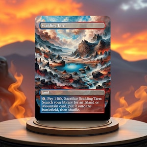 May include: A Magic: The Gathering card called "Scalding Tarn". It is a land card with a blue and red mana symbol. The card text reads: "{T}, Pay 1 life, Sacrifice Scalding Tarn: Search your library for an Island or Mountain card, put it onto the battlefield, then shuffle."