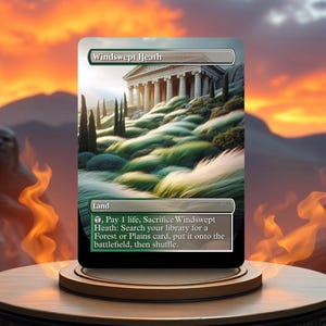 May include: A Magic: The Gathering card depicting a green and white landscape with a white building in the background. The card is titled "Windswept Heath" and has the text: "Land, , Pay 1 life, Sacrifice Windswept Heath: Search your library for a Forest or Plains card, put it onto the battlefield, then shuffle."